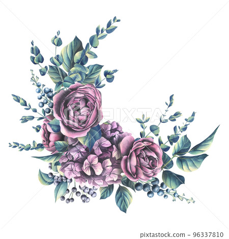 Roses with leaves, pink hydrangea flower, decorative berries and eucalyptus branches. Watercolor illustration. Composition, wreath from the collection of WEDDING FLOWERS. For the design. Roses with leaves, pink hydrangea flower, decorative berries and eucalyptus branches. Watercolor illustration. Composition, wreath from the collection of WEDDING FLOWERS. For the design. 96337810