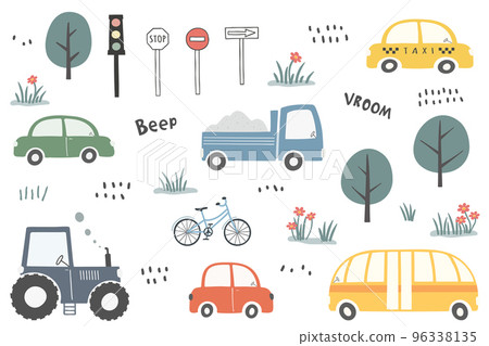 Set of different cute transport and traffic signs and other elements. 96338135