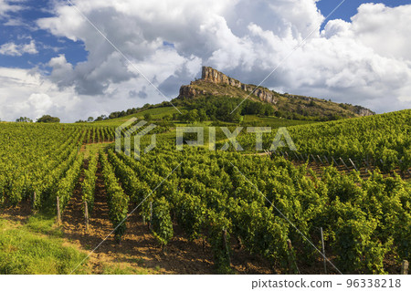 Rock of Solutre with vineyards, Burgundy, Solutre-Pouilly, France Rock of Solutre with vineyards, Burgundy, Solutre-Pouilly, France 96338218
