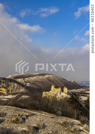 Palava winter landscape with Sirotci hradek ruins, Southern Moravia, Czech Republic 96338403