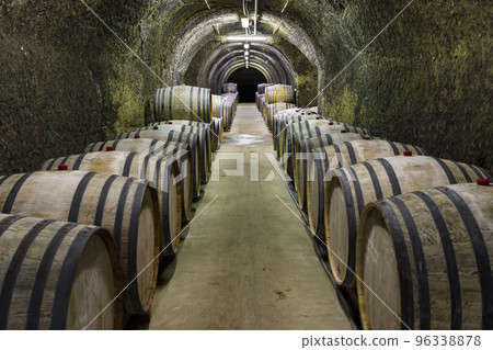 Wine cellars with barrels, traditional wine called Bikaver near Eger, Hungary 96338878