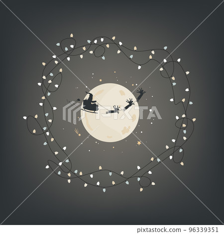 Santa Claus silhouette riding deer in front of moon on Xmas lights background. Vector illustration Santa Claus silhouette riding deer in front of moon on Xmas lights background. Vector illustration 96339351