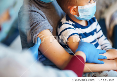 People vaccination concept for immunity health. Covid-19. Children's doctor vaccinating little boy. 96339406