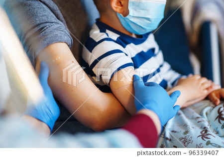 People vaccination concept for immunity health. Covid-19. Children's doctor vaccinating little boy. 96339407