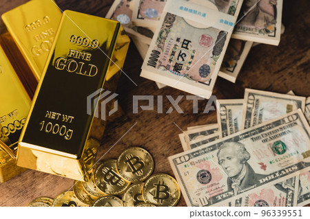 Various assets, virtual currency, dollar bills, banknotes, gold Various assets, virtual currency, dollar bills, banknotes, gold 96339551