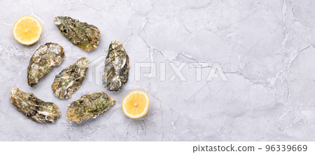 Fresh oysters and lemons Fresh oysters and lemons 96339669