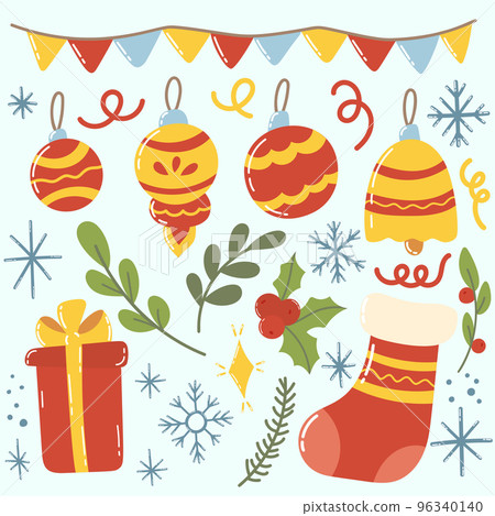 Set of Christmas or New Year decorative festive elements. Cute cozy hand drawn vector clip art. Set of Christmas or New Year decorative festive elements. Cute cozy hand drawn vector clip art. 96340140