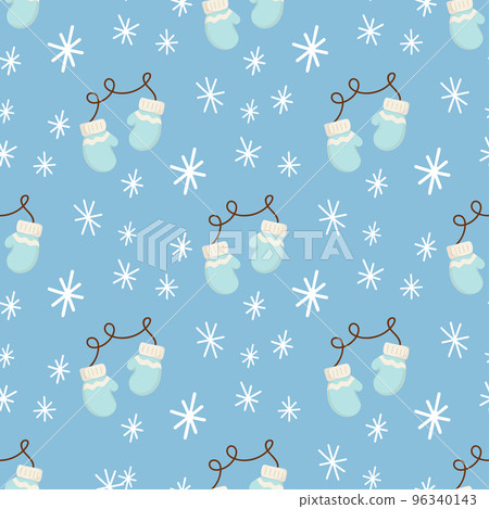 Cute Christmas seamless pattern with Christmas mittens and snowflakes. Hand drawn Vector illustration 96340143
