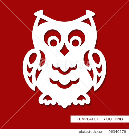Funny figurine cute owl. Children's toy small bird with big eyes, wings. White object on a red background. Template for plotter laser cutting of paper, metal engraving, wood carving, cnc. Vector image 96340276