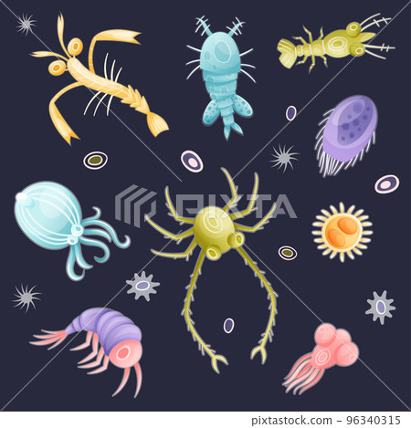 Plankton Diverse Water Organism Free Floating on Dark Background Vector Set Plankton Diverse Water Organism Free Floating on Dark Background Vector Set 96340315