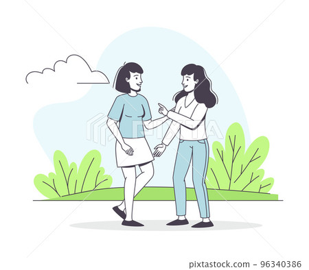 Woman Friend Character Walking in the Park and Talking Outline Vector Illustration Woman Friend Character Walking in the Park and Talking Outline Vector Illustration 96340386
