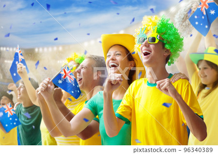 Australia fans on stadium. Australian supporters. Australia fans on stadium. Australian supporters. 96340389