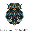 Stylized owl with unusual pattern. Multicolored bird isolated on white background. Pink, red, yellow, blue colors. Company logo, mascot, icon, cartoon character with decorative ornament. Vector image. 96340423