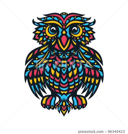 Stylized owl with unusual pattern. Multicolored bird isolated on white background. Pink, red, yellow, blue colors. Company logo, mascot, icon, cartoon character with decorative ornament. Vector image. 96340423