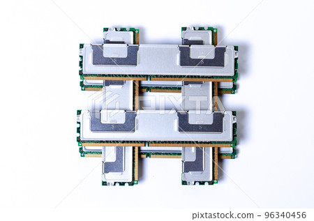 Computer memory card Close up memory socket on board computer server RAM on white background . system, main memory, random access memory, onboard, computer detail. Computer components . DDR3. DDR4. DD 96340456