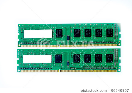 Computer memory card Close up memory socket on board computer server RAM on white background . system, main memory, random access memory, onboard, computer detail. Computer components . DDR3. DDR4. DD 96340507