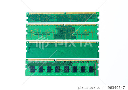 Computer memory card Close up memory socket on board computer server RAM on white background . system, main memory, random access memory, onboard, computer detail. Computer components . DDR3. DDR4. DD 96340547