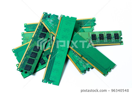 Computer memory card Close up memory socket on board computer server RAM on white background . system, main memory, random access memory, onboard, computer detail. Computer components . DDR3. DDR4. DD 96340548