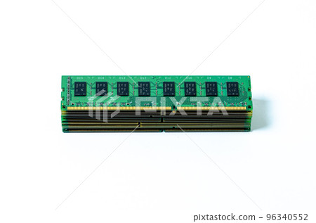 Computer memory card Close up memory socket on board computer server RAM on white background . system, main memory, random access memory, onboard, computer detail. Computer components . DDR3. DDR4. DD 96340552