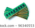 Computer memory card Close up memory socket on board computer server RAM on white background . system, main memory, random access memory, onboard, computer detail. Computer components . DDR3. DDR4. DD 96340553
