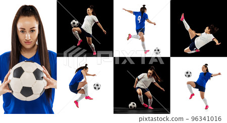 Photo set of professional female football player in football kit training, posing isolated over white and black background. Concept of sport, active and healthy lifestyle 96341016