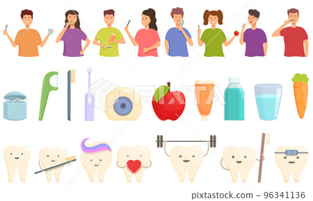 Pediatric dentistry icons set cartoon vector. Implant teeth. Medical tooth 96341136