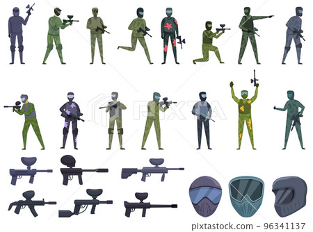 Paintball icons set cartoon vector. Action player. Extreme ball Paintball icons set cartoon vector. Action player. Extreme ball 96341137