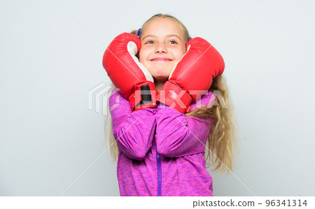 Boxer child workout, healthy fitness. knockout and energy. Sport success. training with coach. Fight. Sport and sportswear fashion. little girl in boxing gloves punching. dreaming about future career 96341314