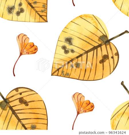 Seamless pattern and autumn leaves on a white background. Autumn leaves of yellow flowers, hand-painted in watercolor on a white background. Suitable for decoration, design, printing on fabric Seamless pattern and autumn leaves on a white background. Autumn leaves of yellow flowers, hand-painted in watercolor on a white background. Suitable for decoration, design, printing on fabric 96341624