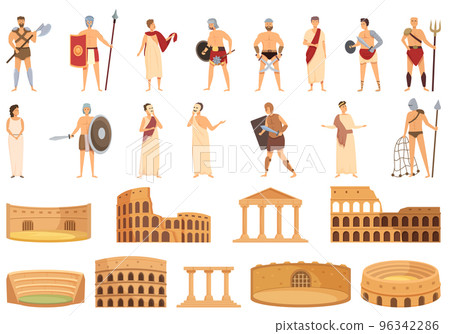 Amphitheater icons set cartoon vector. Italy arena. Ancient building Amphitheater icons set cartoon vector. Italy arena. Ancient building 96342286