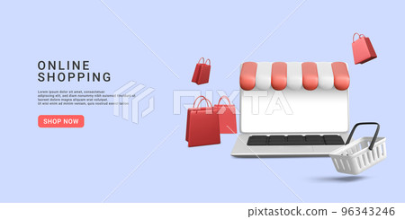 Store banner with laptop, product cart, gift bags. 3d realistic vector illustration 96343246