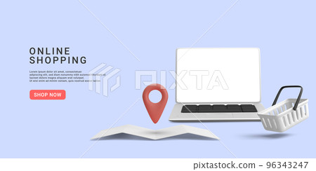 Store banner with laptop, product cart and location your store. 3d realistic vector illustration 96343247