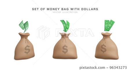 Set of 3d realistic money bags with green dollars banknote currency. Vector illustration Set of 3d realistic money bags with green dollars banknote currency. Vector illustration 96343273