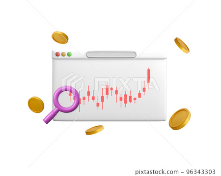 3D online trading with graph in browser. 3D Browser with business graph and flying coins. Vector trading icon for business investment. Vector illustration 96343303