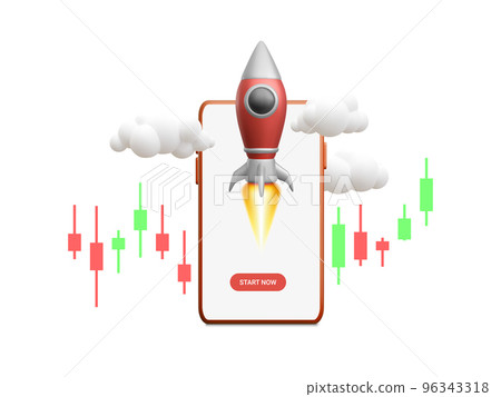 3D flying space rocket with trading graph on mobile phone. Space for business startup and growth statistics trading concept. Vector illustration 3D flying space rocket with trading graph on mobile phone. Space for business startup and growth statistics trading concept. Vector illustration 96343318