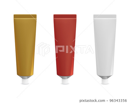 Set of realistic tube mockup. Plastic tuba for toothpaste, cream, gel and shampoo. Template for medicine or cosmetics. Vector illustration Set of realistic tube mockup. Plastic tuba for toothpaste, cream, gel and shampoo. Template for medicine or cosmetics. Vector illustration 96343356