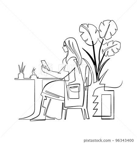 Girl reading while sitting at a table in a cafe, continuous line 96343400