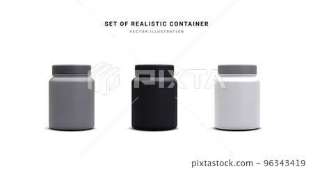 Set of 3d realistic jars nutrition for bodybuilders. Whey protein. Sports nutrition containers. Protein powder for fitness. Vector illustrationgainer Set of 3d realistic jars nutrition for bodybuilders. Whey protein. Sports nutrition containers. Protein powder for fitness. Vector illustrationgainer 96343419