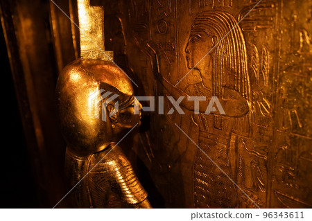 Golden Goddess Nebthet from tomb of Tutankhamun. Canopic shrine 18th Dynasty. one of 4 goddess around shrine cube. Egyptian culture Golden Goddess Nebthet from tomb of Tutankhamun. Canopic shrine 18th Dynasty. one of 4 goddess around shrine cube. Egyptian culture 96343611