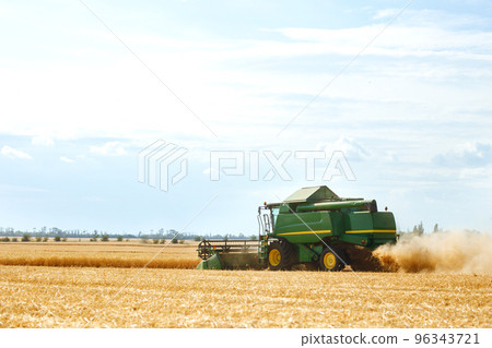 Time to harvest! Beautiful view of the work of the combine harvesting wheat. Harvester machine. 96343721
