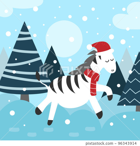 Christmas card with cute little zebra, funny winter animals, cartoon character 96343914