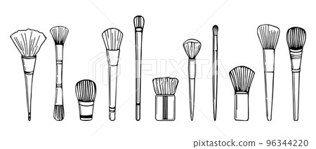 Set of hand-drawn contour cosmetic brushes, make-up. Icons, sketch, vector Set of hand-drawn contour cosmetic brushes, make-up. Icons, sketch, vector 96344220