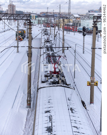 BARNAUL - JANUARY 21 train station and departing trains in winteron January 21, 2020 in Barnaul, Russia 96344462