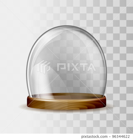 Transparent glass dome and wooden tray in 3D realistic design. 96344622