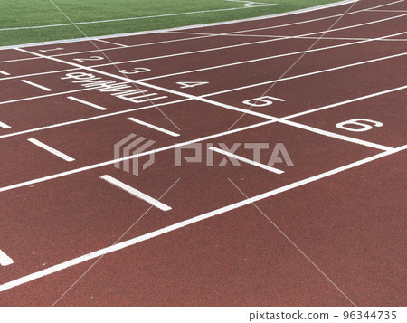 Red treadmill at the stadium with white lines Red treadmill at the stadium with white lines 96344735