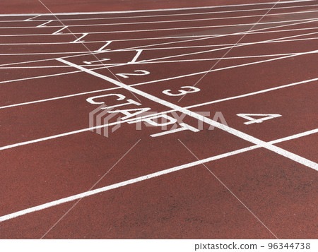 Red treadmill at the stadium with white lines Red treadmill at the stadium with white lines 96344738