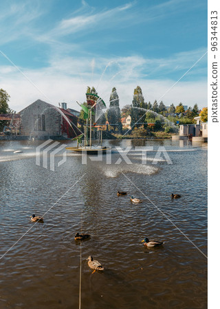 Ducks on the lake in the park. Park in the fall. Autumn trees. Wild ducks are reflected in the lake. Multi-colored bird feathers. A pond with wild ducks and drakes. A duck lake full of beautiful ducks 96344813
