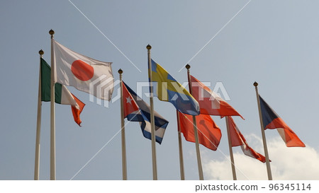 Various national flags countries under a blue sky 96345114