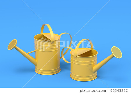 Set of watering cans on blue background. 3d render of gardening equipment tools Set of watering cans on blue background. 3d render of gardening equipment tools 96345222
