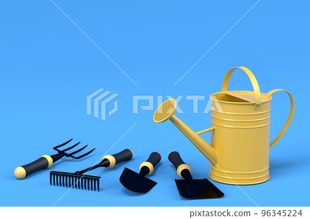Watering can with garden tools like shovel, rake and fork on blue background. Watering can with garden tools like shovel, rake and fork on blue background. 96345224
